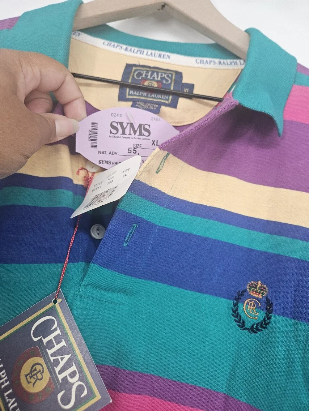 Vintage Deadstock Chaps Ralph Lauren 90s Striped Monogrammed Long Polo Shirt NWT